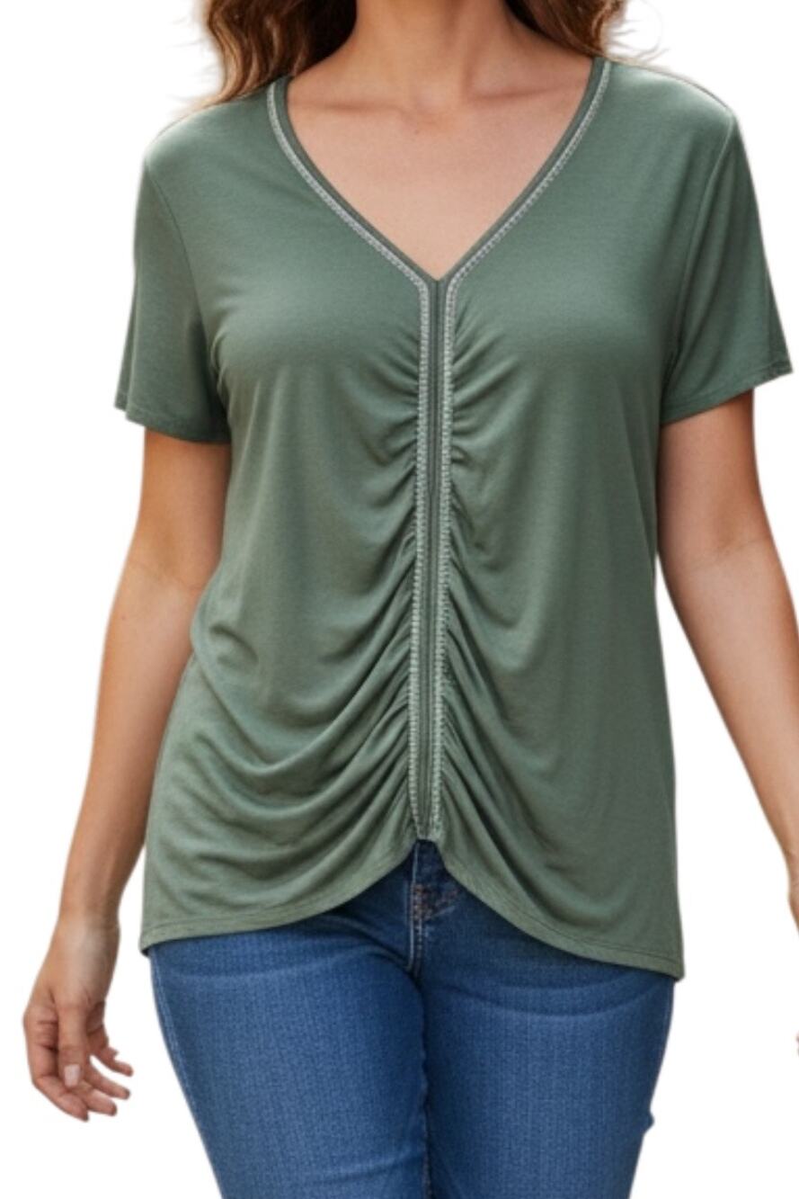Colleen Lopez Olive Green Top Blouse Short Sleeve Metallic Detail 2X XXL Shirtec